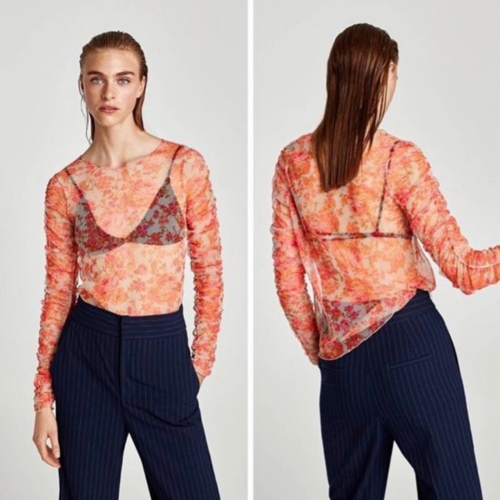 Zara Sheer Tulle Floral Ruched Top